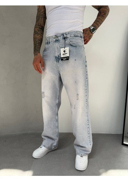 Relax Fit Yırtık Detaylı Baggy Pantolon - Buz Mavi