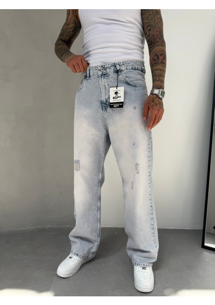 Relax Fit Yırtık Detaylı Baggy Pantolon - Buz Mavi fiyatları