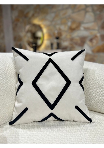1 Adet Punch Kırlent Kılıfı Geometrik - Punch Yastık Kılıfı Krem Bej Beyaz 43 x 43 Fermuarlı