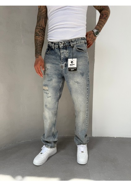 Erkek Yırtık Detaylı Baggy Pantolon - Mavi fiyatları
