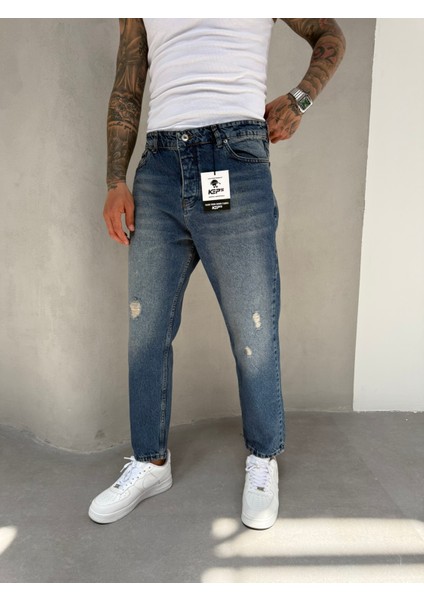 Erkek Yırtık Detaylı Boyfriend Pantolon - Indigo