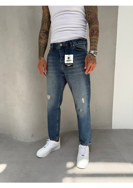 Erkek Yırtık Detaylı Boyfriend Pantolon - Indigo fiyatları