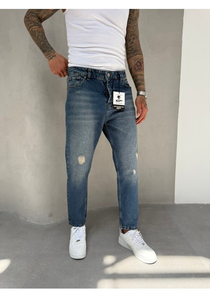 Erkek Yırtık Detaylı Boyfriend Pantolon - Indigo modelleri