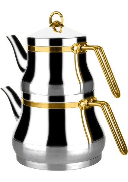 Büyük boy sarı renkli çelik çaydanlık, şık ve kullanışlı aile seti 3,25 L