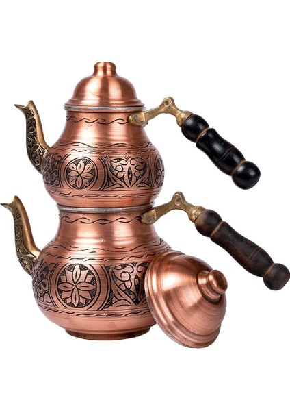 Bakır Kalın El İşlemeli Oyma Büyük Kırmızı Çaydanlık