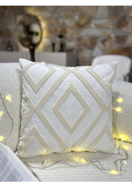 1 Adet Punch Kırlent Kılıfı Geometrik - Punch Yastık Kılıfı Krem Bej Beyaz 43 x 43 Fermuarlı