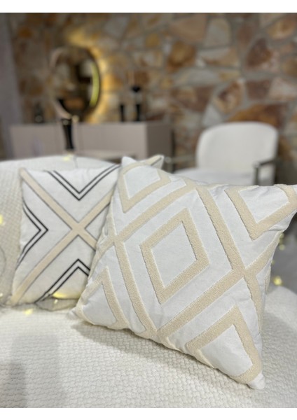 1 Adet Punch Kırlent Kılıfı Geometrik - Punch Yastık Kılıfı Krem Bej Beyaz 43 x 43 Fermuarlı fırsatları