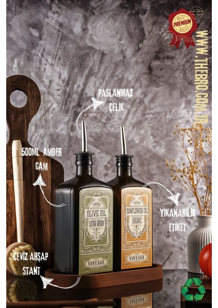 500ml Ahşap Stantlı Zeytinyağı ve Ayçiçek Yağı Seti, 5 Parça, Yeşil ve Sarı Renk