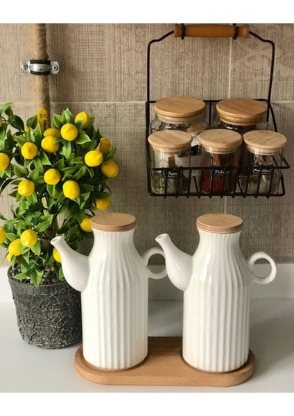 2 Adet 1 Lt Porselen Yağdanlık ve Bambu Altlık Seti-Yağlık Sirkelik