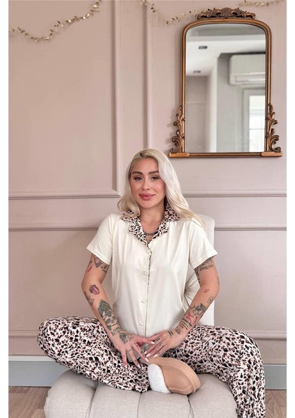 Krem Wild Elegance Exclusive Önden Düğmeli Kadın Pijama Takımı fiyatları
