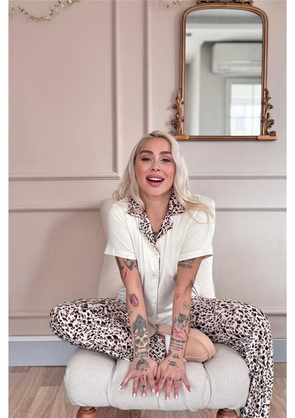 Krem Wild Elegance Exclusive Önden Düğmeli Kadın Pijama Takımı modelleri