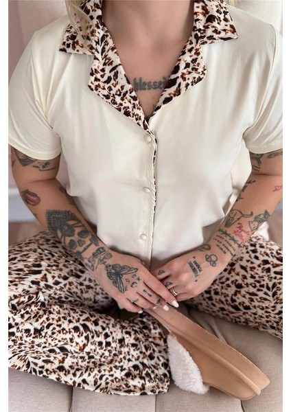 Krem Wild Elegance Exclusive Önden Düğmeli Kadın Pijama Takımı fırsatları