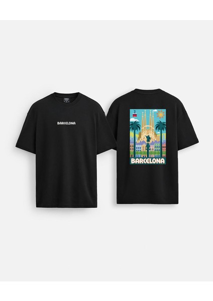 Barcelona Şehir Baskılı Bisiklet Yaka Oversize Siyah Çift Taraflı Tişört T-Shirt