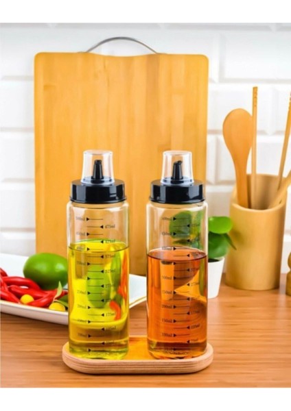 Ahşap standlı 2'li 500 ml cam yağlık ve sirkelik seti, şık ve kullanışlı tasarım