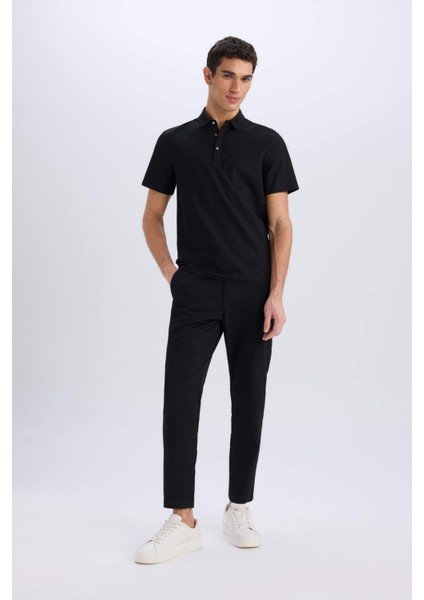 Slim Fit Dar Kesim Polo Yaka Kısa Kollu Waffle Siyah Tişört E1209AX25SM fiyatları