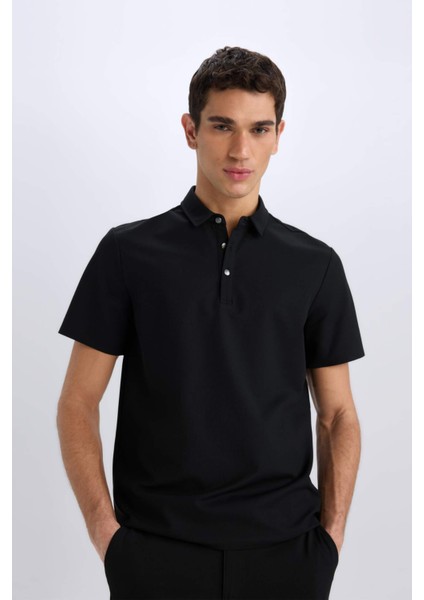 Slim Fit Dar Kesim Polo Yaka Kısa Kollu Waffle Siyah Tişört E1209AX25SM fırsatları