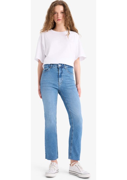 Crop Flare Fit Yüksek Bel Bilek Boy Jean Yıkamalı Pantolon E8018AX25SM