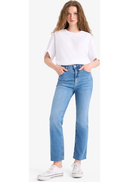 Crop Flare Fit Yüksek Bel Bilek Boy Jean Yıkamalı Pantolon E8018AX25SM