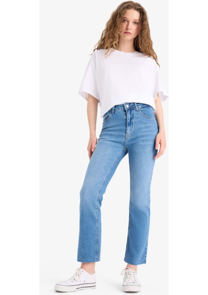 Crop Flare Fit Yüksek Bel Bilek Boy Jean Yıkamalı Pantolon E8018AX25SM