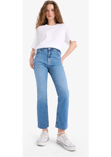 Crop Flare Fit Yüksek Bel Bilek Boy Jean Yıkamalı Pantolon E8018AX25SM