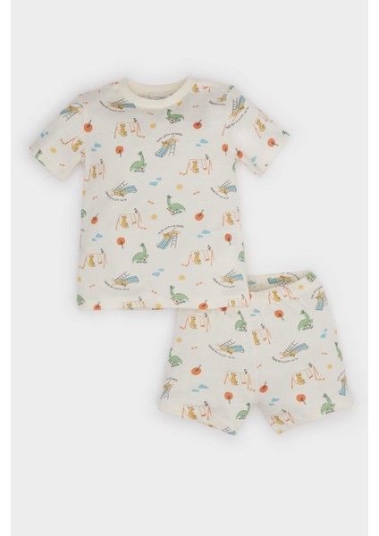 Erkek Bebek Pijama Takımı Dinazor Baskılı Kısa Kollu Penye Üst Beli Lastikli Şort E9606A525SM