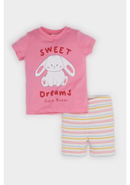 Kız Bebek Pijama Takımı Baskılı Kısa Kollu Fitilli Kaşkorse Üst Beli Lastikli Çizgili Şort E4646A525SM