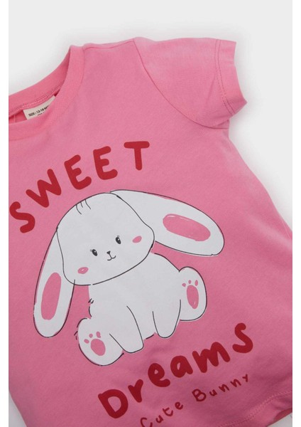Kız Bebek Pijama Takımı Baskılı Kısa Kollu Fitilli Kaşkorse Üst Beli Lastikli Çizgili Şort E4646A525SM