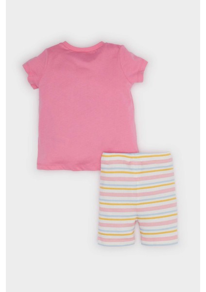 Kız Bebek Pijama Takımı Baskılı Kısa Kollu Fitilli Kaşkorse Üst Beli Lastikli Çizgili Şort E4646A525SM
