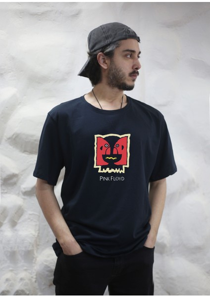Pink Floyd Müzik Grubu Baskılı Bisiklet Yaka Oversize Lacivert Tişört T-Shirt