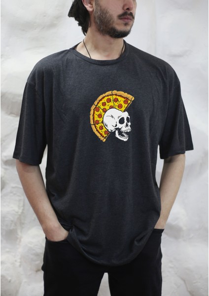 Pizza Kuru Kafa Baskılı Bisiklet Yaka Oversize Antrasit Tişört T-Shirt