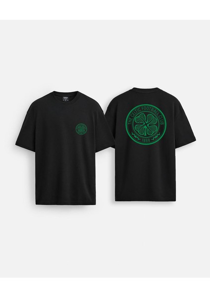 Celtic Futbol Takımı Baskılı Bisiklet Yaka Oversize Siyah Çift Taraflı Tişört T-Shirt