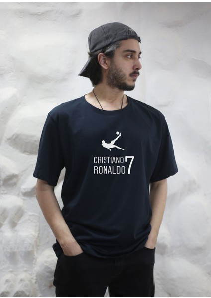 Futbolcu Ronaldo Baskılı Bisiklet Yaka Oversize Lacivert Tişört T-Shirt