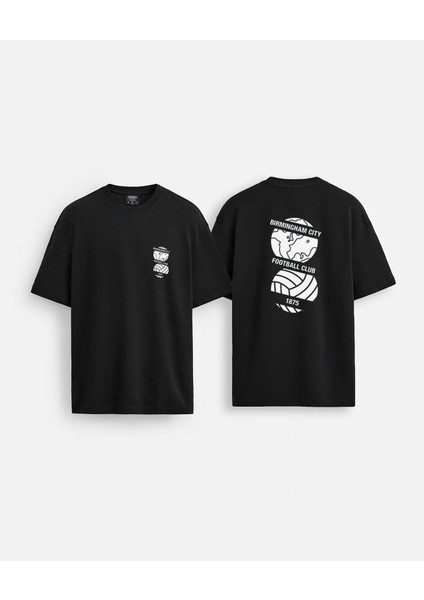 Birmingham City Football Club Baskılı Bisiklet Yaka Oversize Siyah Çift Taraflı Tişört T-Shirt