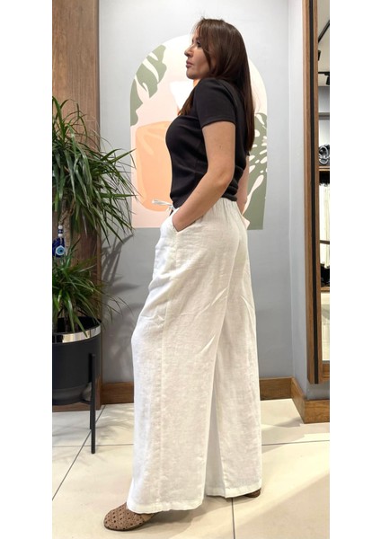 %100 Pamuk Keten Beli Lastikli ve Bağcıklı Geniş Paça Pantolon. modelleri