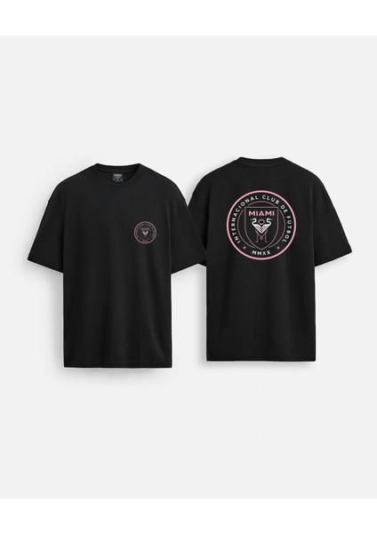 Inter Miami Fc Logo Baskılı Bisiklet Yaka Oversize Siyah Çift Taraflı Tişört T-Shirt
