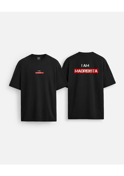 Ispanya Madrid Başkent Şehir Baskılı Bisiklet Yaka Oversize Siyah Çift Taraflı Tişört T-Shirt