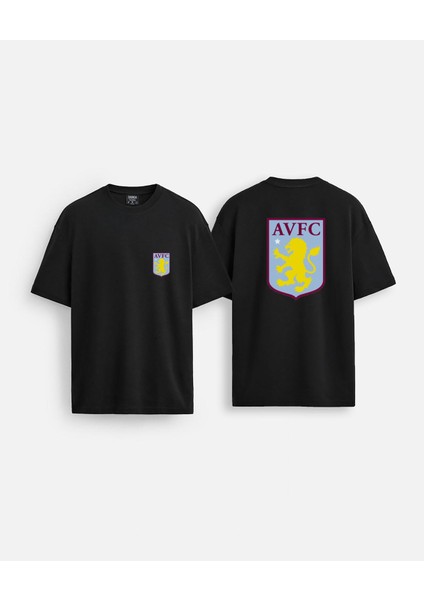 Aston Villa Futbol Takımı Baskılı Bisiklet Yaka Oversize Siyah Çift Taraflı Tişört T-Shirt