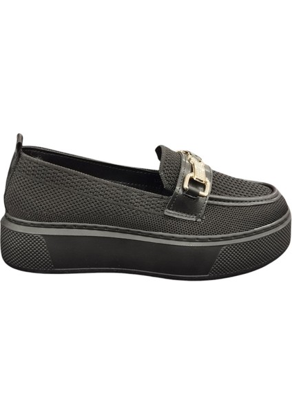 3461001Z 4 cm Kalın Taban Taş Toka Detaylı Günlük Kadın Triko Loafer Ayakkabı