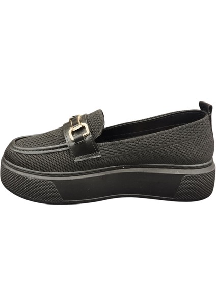 3461001Z 4 cm Kalın Taban Taş Toka Detaylı Günlük Kadın Triko Loafer Ayakkabı