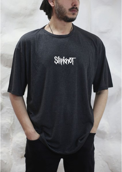 Slipknot Müzik Grubu Baskılı Bisiklet Yaka Oversize Antrasit Tişört T-Shirt