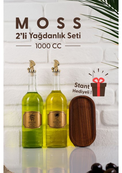 Moss 2'li Ahşap Stantlı Damlatmaz Zeytinyağı Sıvıyağ Şişesi Cam Yağdanlık Seti 1000 ml