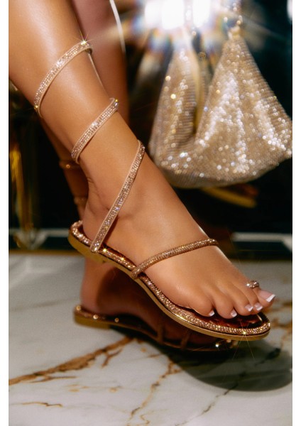 Ailya Kristal Taşlı Sandalet Gold
