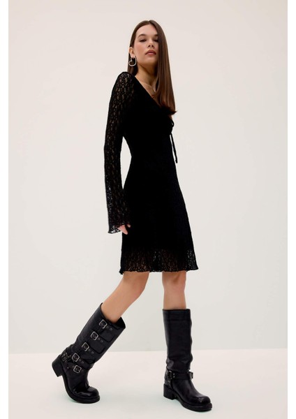 V Yaka Dantel Uzun Kollu Mini Elbise F3465AX25SP fiyatları