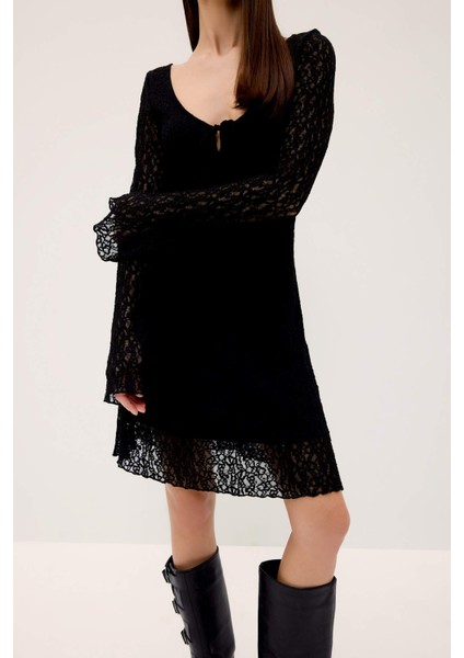 V Yaka Dantel Uzun Kollu Mini Elbise F3465AX25SP modelleri