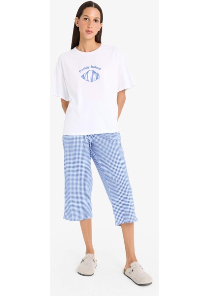 Pijama Takımı Regular Fit Kısa Kollu Baskılı Üst Esnek Belli Kapri Alt-Fall in Love F1959AX25SP