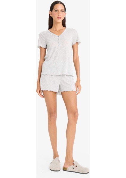 Regular Fit Pijama Takımı Kısa Kollu Ribana Üst Esnek Belli Şort-Fall in Love E9832AX25SM