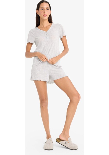 Regular Fit Pijama Takımı Kısa Kollu Ribana Üst Esnek Belli Şort-Fall in Love E9832AX25SM