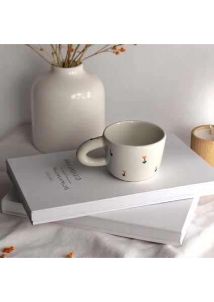 El Yapımı Seramik Kupa Kalın Kulplu Turuncu Lale Çiçek Desenli Kupa Bardak 180 ml Mug Türk Kahvesi Bardağı fiyatları