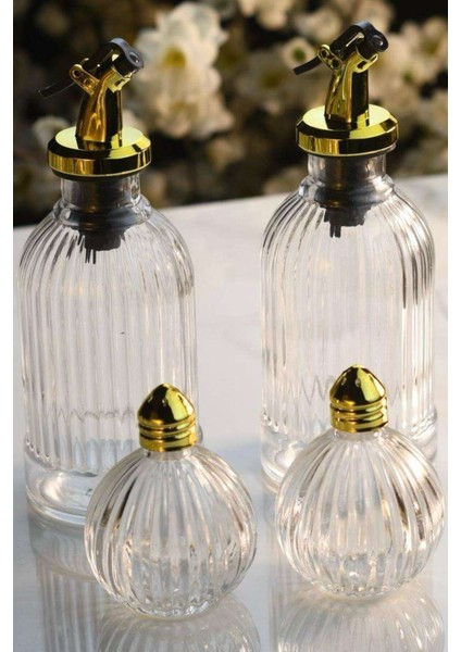Altın detaylı cam tuzluk ve yağlık seti, 4 parça, şık origami tasarım, 200 ml, sarı