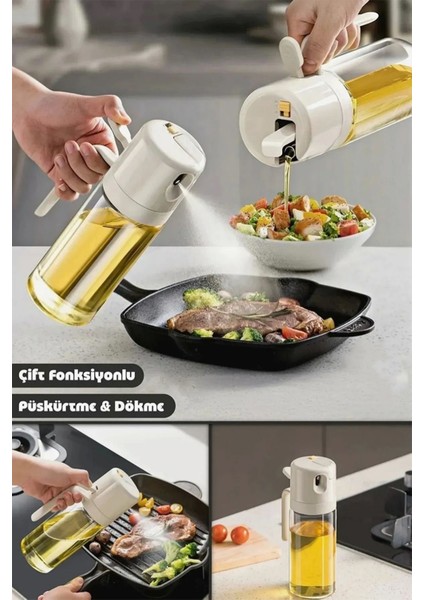 Çift Fonksiyonlu Cam Yağdanlık 450 ml Zeytinyağı Sıvıyağ Şişesi Airfryer Sprey Yağlık Sirkelik